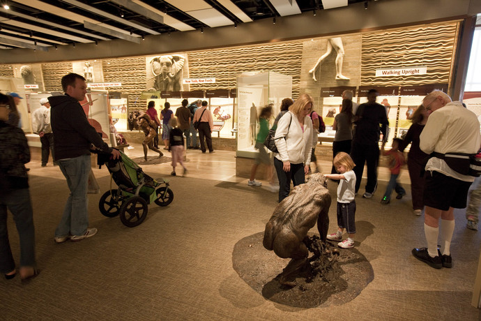 Views of the David H. Koch Hall of Human Origins crowded with Museum visitors.
